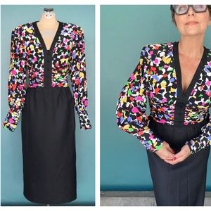 Vintage Silk 80s Midi Dress Balloon Sleeve